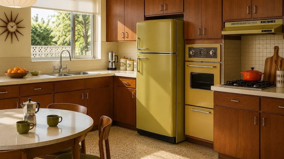 A mid-century modern kitchen with wooden cabinets, a yellow refrigerator, a yellow oven, a white table with two chairs, and a window overloo